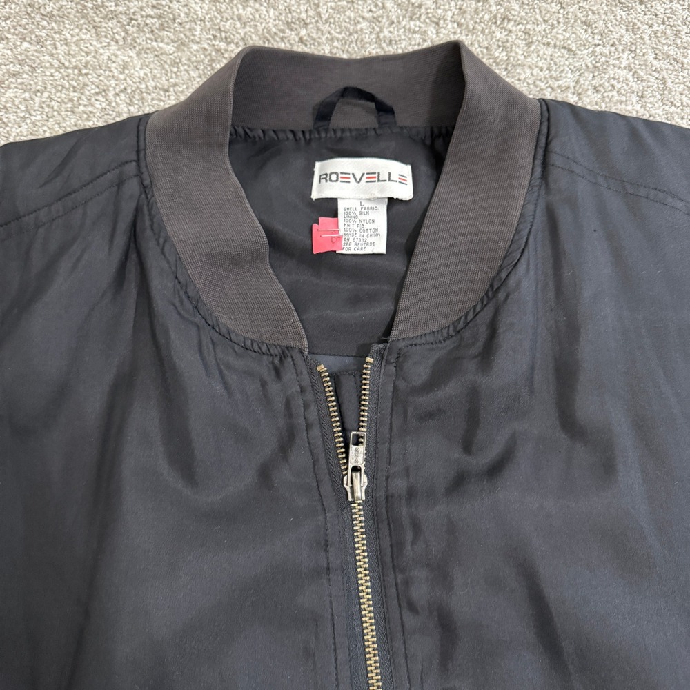 Vintage Black Silk Bomber Jacket Men's Large Zip Front Ribbed Cuffs Roevelle - Picture 2 of 12